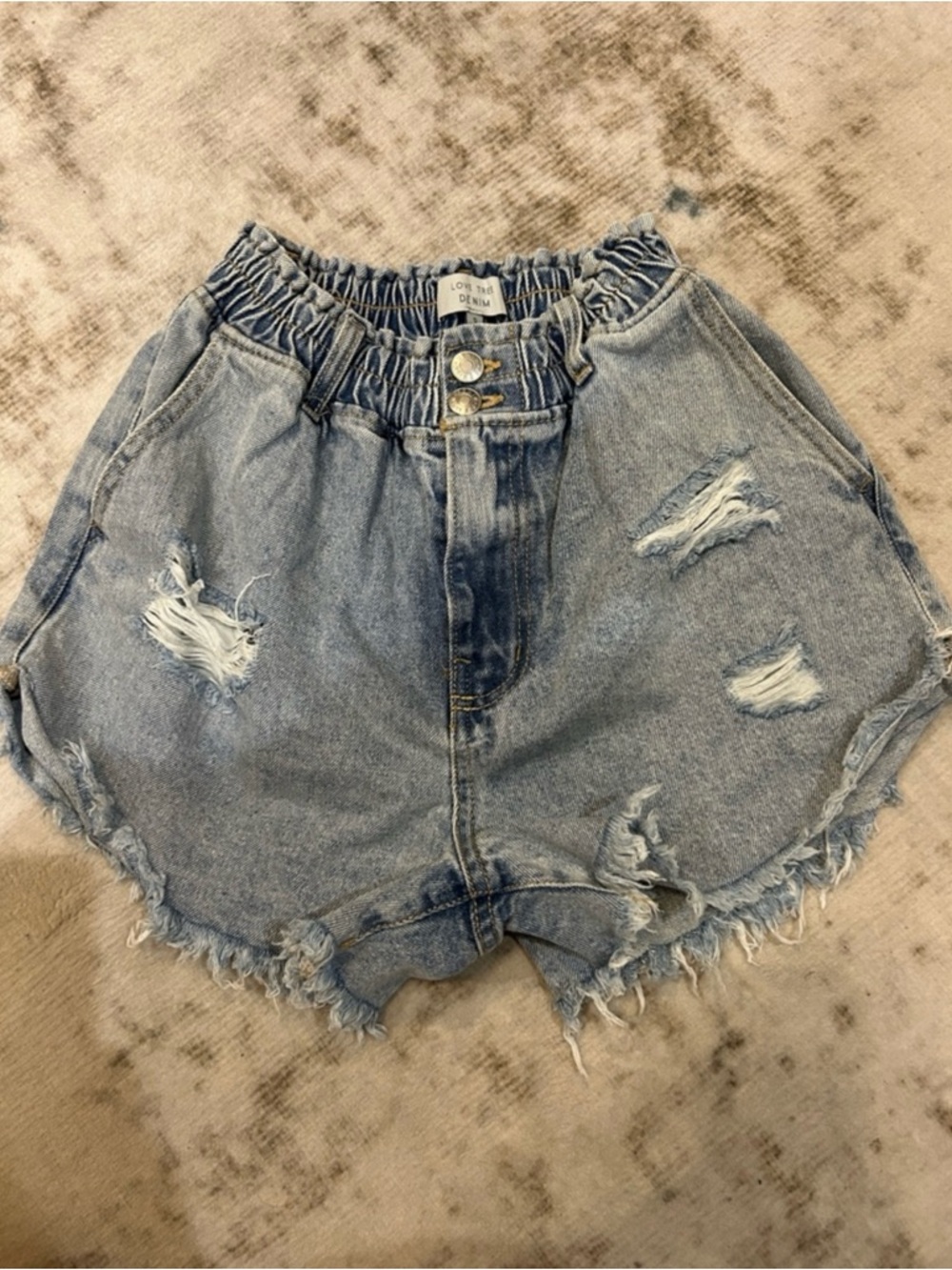 Love Tree Light Wash Paperbag Waist Distressed Denim Shorts
